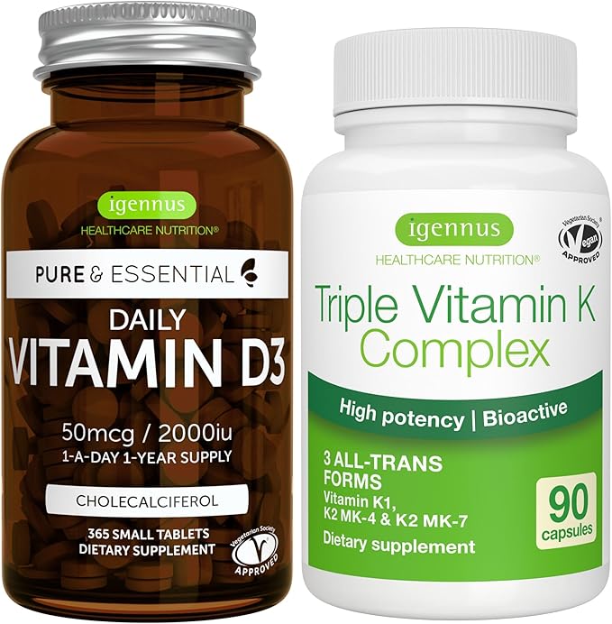 Igennus Daily Vitamine D3 + Complexe Triple Vitamine K Haute Résistance, 2000iu Cholécalciférol + 2700mcg Vitamines K1 et K2 (MK-4 et MK-7) Bioactives Avancées