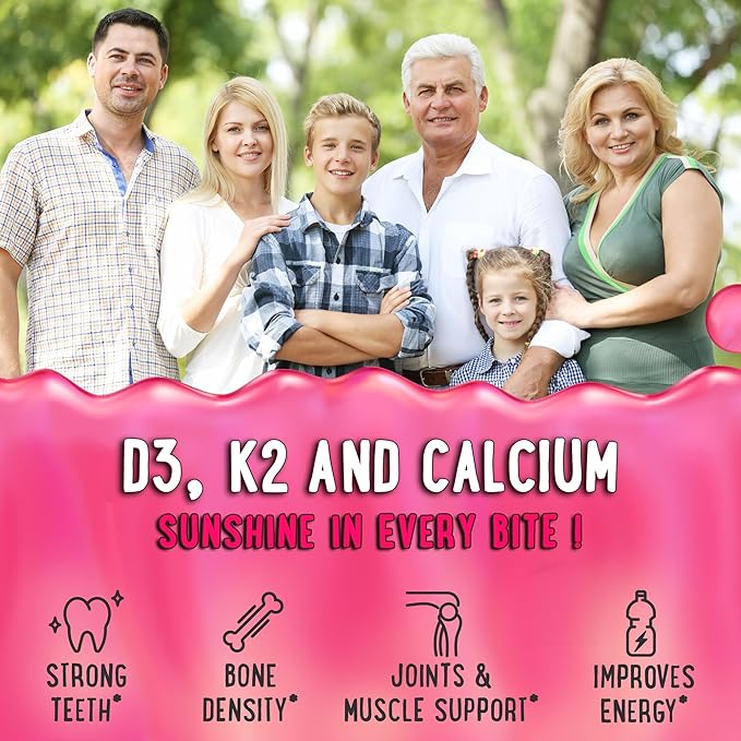 Center-Filled Vitamin D3 K2 & Calcium Gummies - Supplement for Healthy Teeth, Bone & Energy - 5000 IU D3, 120 mcg K2(MK-7), 120 mg CA - Vegan & Non-GMO - 120 Count
