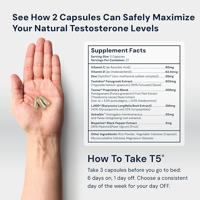 HPN T(5) Testosterone Optimization Booster | Natural Testosterone Supplement with Testofen | Increase Endurance & Energy | Improve Ability to Build Muscle with LJ100 | Vegan Friendly | 81 Capsules
