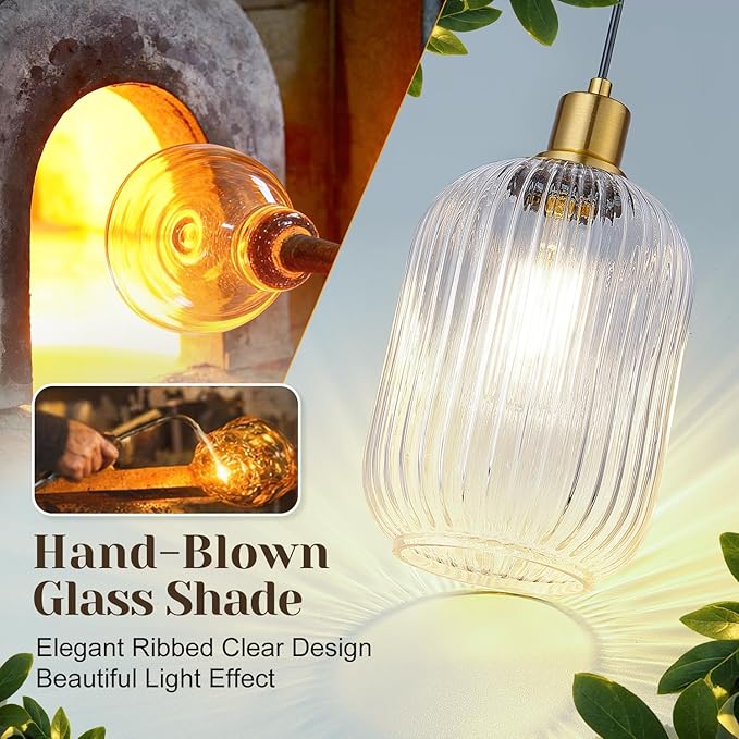 2 Pack 11"-70" Height Adjustable Clear Cylinder Pendant Lights Kitchen Island with Ribbed Lampshade, Brushed Gold Hanging Light Fixture, Pendant Lighting for Kitchen Island (Bulbs Not Included)
