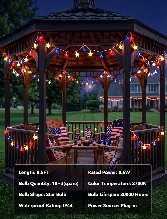 LED Red White Blue Star String Lights Plug in, 8.5Ft 4th of July Decorations Lights with 10 LED Star Light, Hanging Patriotic Outdoor Lights for Independence Day Window Home Patio Party Garden Decor