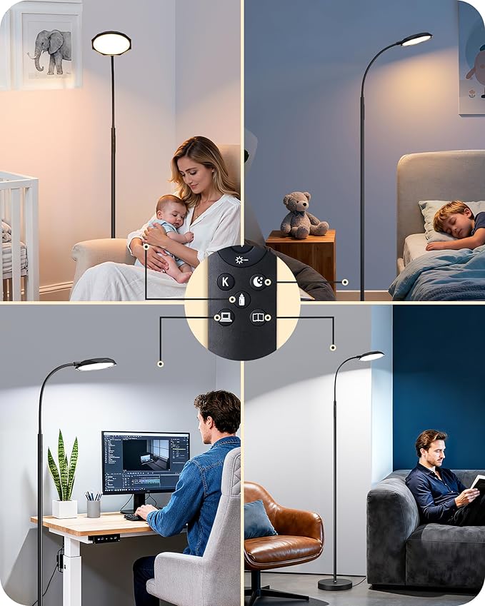 EDISHINE LED Floor Lamp, 1300LM Super Bright Reading Floor Lamps for Living Room, Dimmable 4 Color Temperature Standing Lamp, Remote & Touch Control, Adjustable Gooseneck Lamp for Bedroom Office Black