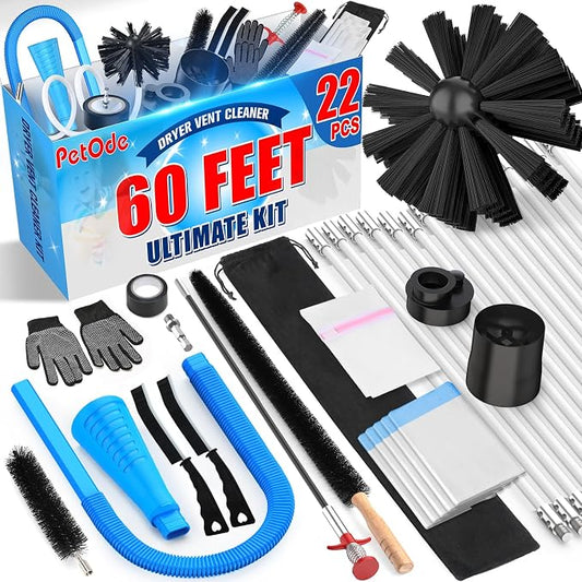 Petode 22-piece 60-Feet Dryer Vent Cleaner Kit, Dryer Vent Cleaning Kit Lint Remover with Dryer Vent Brush, Vacuum Hose Attachment Cleaning Tools, Flexible Lint Trap Brush, Vacuum & Dryer Adapters