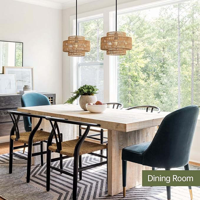 12.4” Boho Rattan Pendant Light Fixture for Dining Room, 1-Light Black Chandelier Farmhouse Rustic Hanging Lamp for Kitchen Island, Bedroom, Living Room, Entryway, Foyer, Hallway