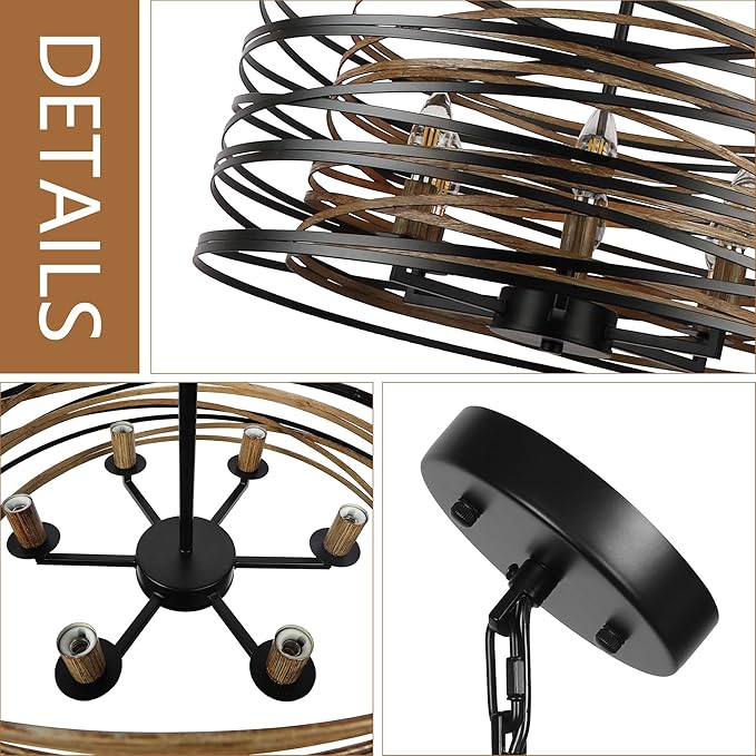 ACNKTZ 23.6'' Rustic Large Drum Chandeliers for Dining Room, 6-Light Modern Farmhouse Lighting for Kitchen Island, Retro Round Entryway Light Fixture, Black with Retro Wood Texture Interior