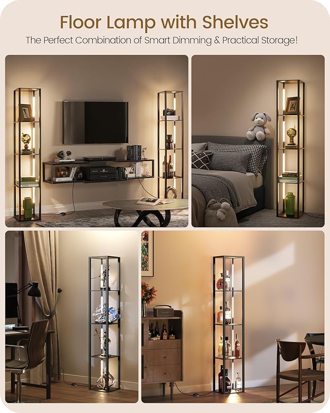 64.2" Display Shelf with Light, Modern Corner Floor Lamp with Shelves, 3000K-6000K LED Dimmable Standing Lamp with Remote for Living Room, Bedroom, Office, Adjustable CCT, Black Square B51LD05