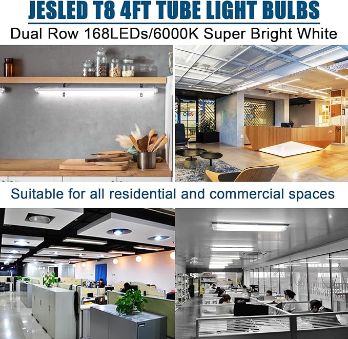 JESLED 4FT LED T8 Type A+B Tube Lights, 24W(65W Equivalent), 3200LM, 6000K Single or Double End Powered, Plug and Play or Ballast Bypass, 4 Foot T10 T12 Fluorescent Bulbs Replacement, Clear(12-Pack)