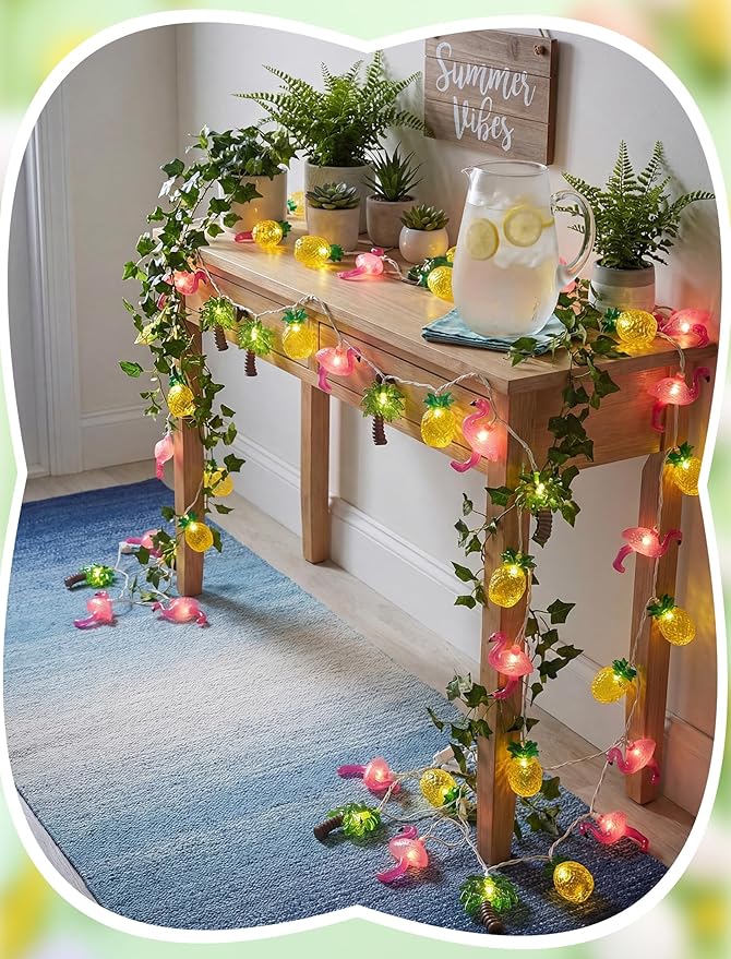 8.5FT Hawaiian Tropical String Lights 10LED Plug in Fairy Lights – Flamingo Pineapple Palm Tree, Waterproof Connectable Outdoor Lights for Luau Party Beach Pool Patio Indoor Summer Decor, UL Listed