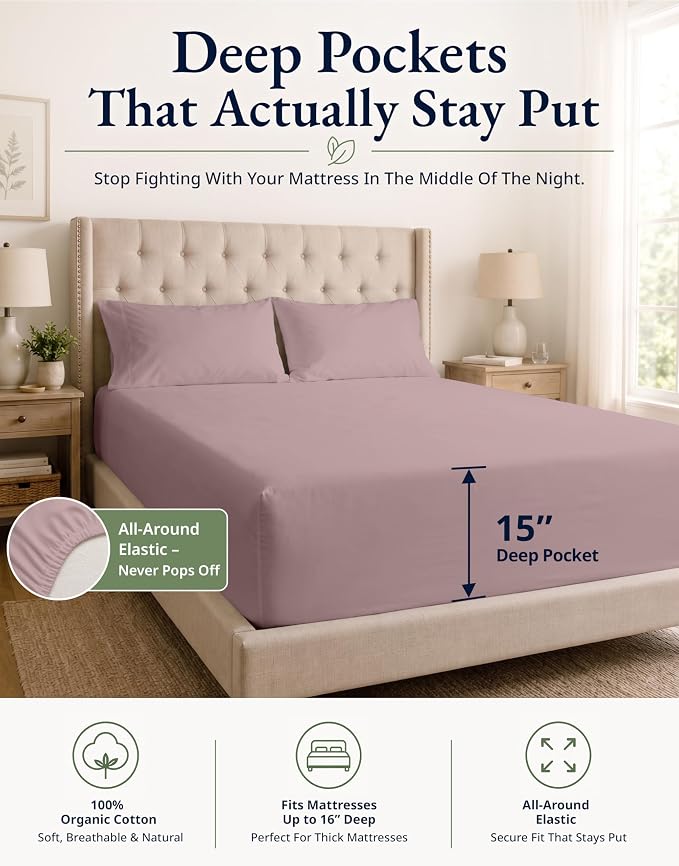 LANE LINEN 100% Organic Cotton Fitted Bed Sheets (+Pillowcase) 3 Pc Set Soft & Comfy Fully Elasticized Mercerized Cotton Deep Pocket Queen Fitted Sheet Fits Mattress Upto 15" Deep - Lilac