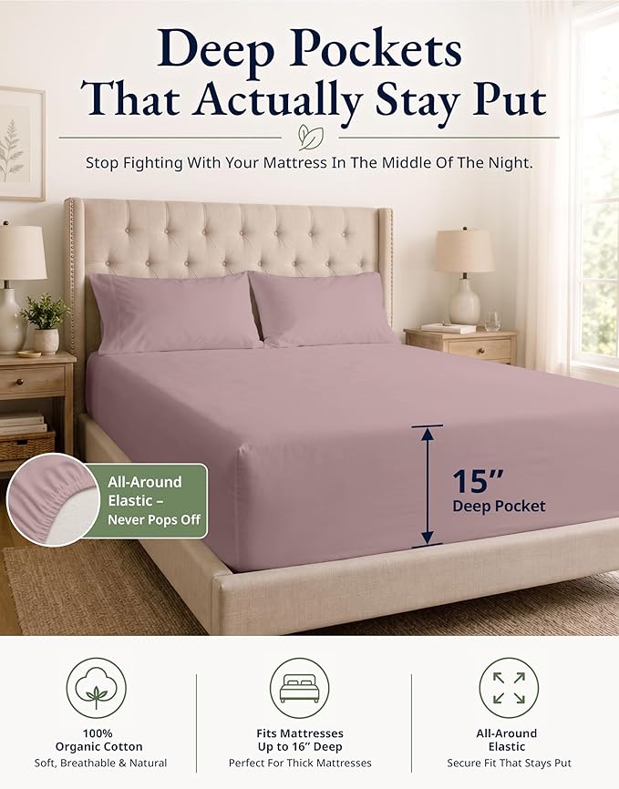 LANE LINEN Full Size Fitted Sheet & Pillowcases (No Flat Sheet) - 100% Organic Cotton Soft & Breathable Percale Weave Fitted Sheet Set - 15'' Deep Pocket For Snug Fit - GOTS Certified - Lilac
