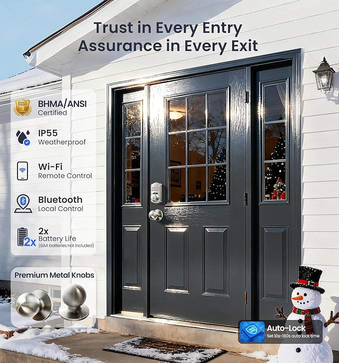 Veise VE012W-K Built-in WiFi Fingerprint Smart Lock with 2 Knobs, No Hub Needed, Remote APP Control, Keyless Entry Door Lock, Smart Deadbolt for Front Door, Auto Locking, Satin Nickel