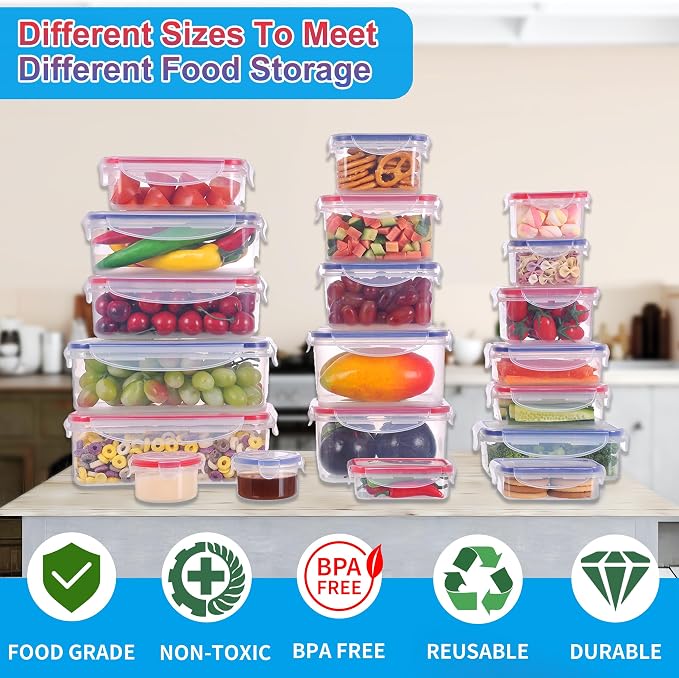 52-Piece Large Food Storage Containers with Lids Airtight, Health Material 85oz Leakproof Reusable Plastic Storage Containers, for Lunch, Meal Prep, and Leftovers, Kitchen Organizer, Freezer Container