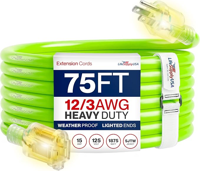 75ft Outdoor/Indoor Extension Cord 12/3 Gauge Extra Heavy Duty 3 Prong SJTW, Waterproof, Flexible Cold-Resistant Long Power Cord, 15A 125V 1875W, Neon Green by LifeSupplyUSA