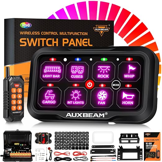 Auxbeam 8 Gang Switch Panel RC-800 RGB Wireless Remote Control Range Up to 165FT Multifunction Switch Pod 3 lighting modes with Backlit Off and Auto Dimmable for RV Offroad Waterproof 3 Years Warranty