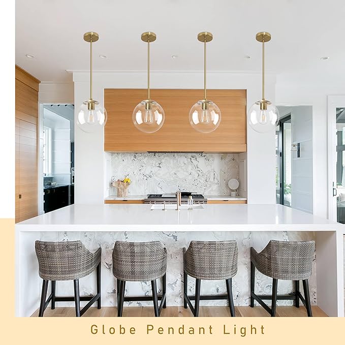 Bagood 10 Inch Globe Pendant Light Gold Mid Century Pendant Light Adjustable Hanging Light Fixture Globe Pendant Lights Kitchen Island Clear Glass with Brass Finish for Dining Room
