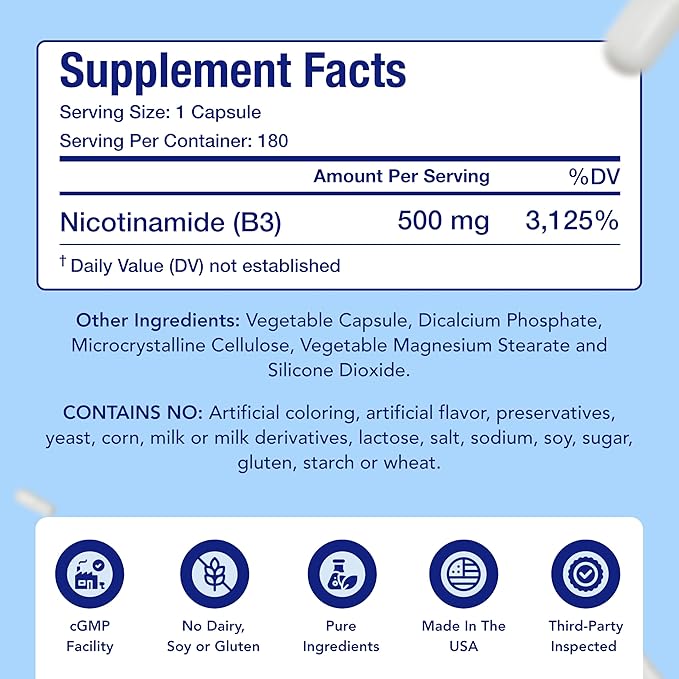 Vitamin B3 Nicotinamide 500mg Capsules | NAD+ Precursor and Longevity with Nicotinamide Form of Vitamin B3 Niacin Flush Free for Aging Skin Energy & Cellular Support | Made in the USA (180 Day Supply)