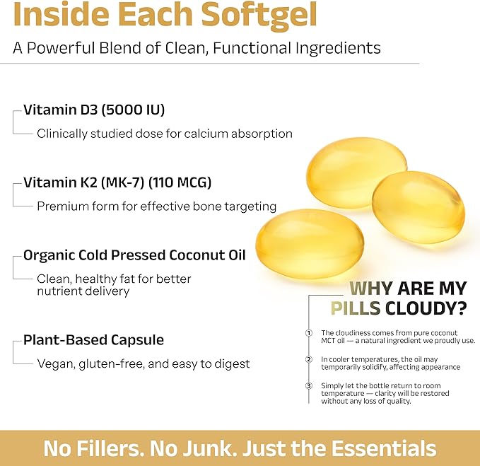 Vitamine D3+K2 à l'huile de coco - Vitamine D végétalienne 5 000 UI et vitamine K MK7 110 mcg pour le soutien des os, du cœur et du système immunitaire, sans OGM, testé par des tiers, sans soja, haute absorption, 60 gélules végétales molles