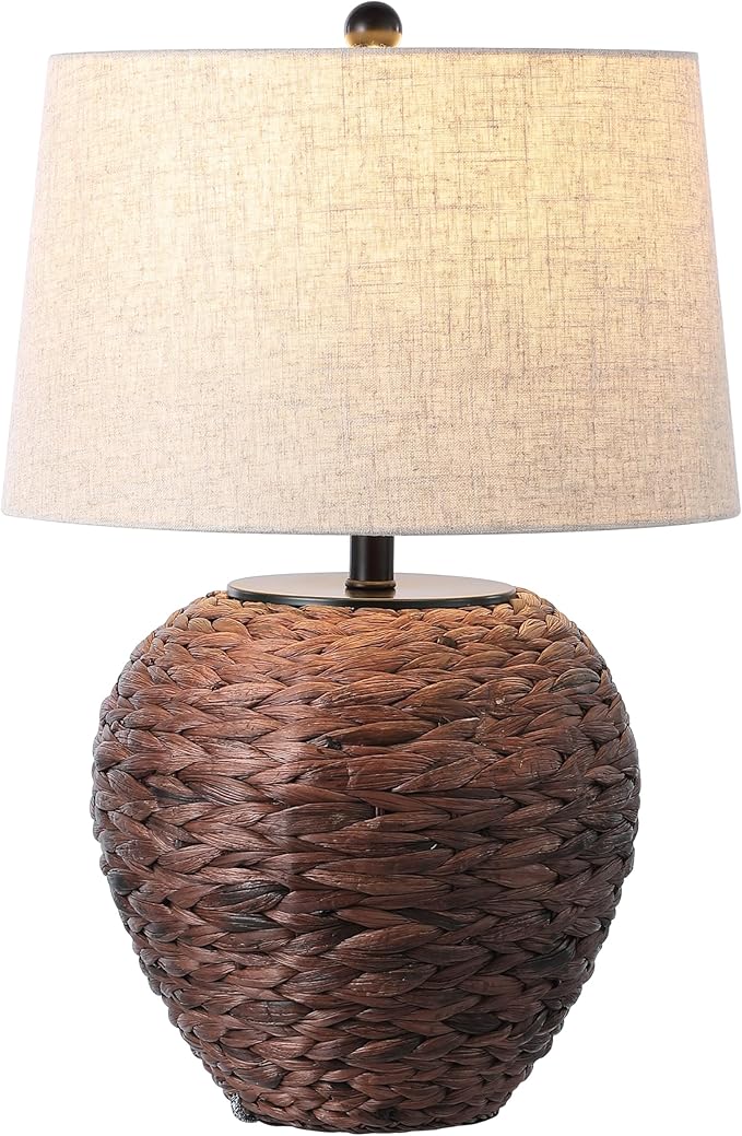 JONATHAN Y 24.5" Dark Brown Water Hyacinth Farmhouse Basket Table Lamp, Coastal Decor for Living Room Bedroom Nightstand, Light Gray Linen Shade, LED Bulb Included (JYL6501B)