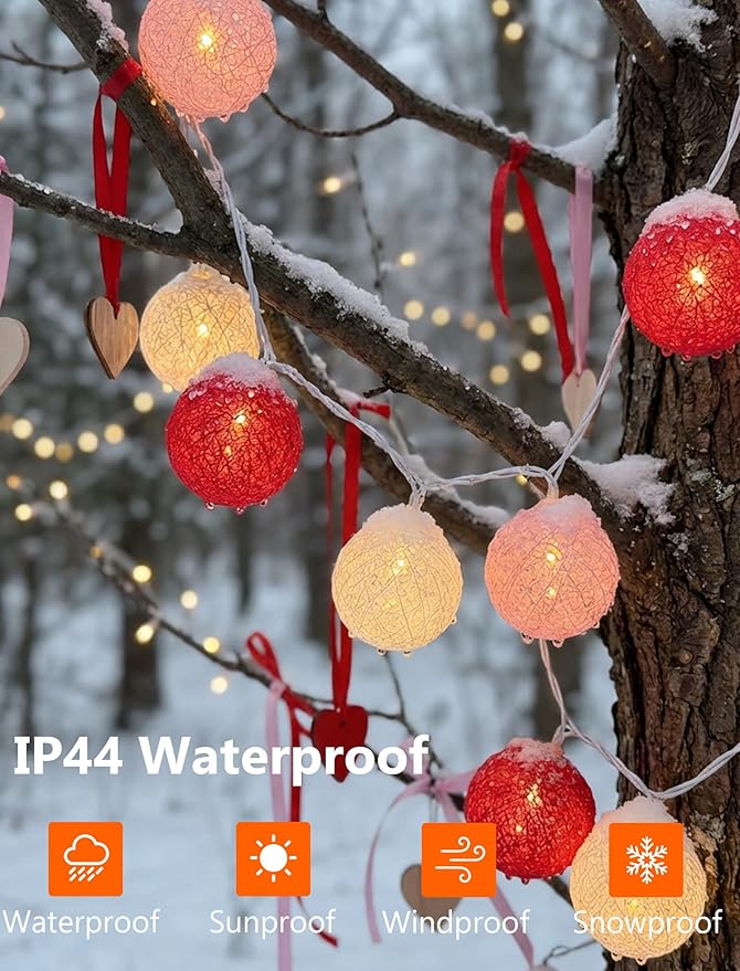 Red Pink and White Cotton Ball String Lights, 8.5Ft Valentine’s Day Decorative Fairy Lights Plug in with 10 Colorful Lantern, Hanging Cotton Globe Lights for Bedroom Wedding Party Home Birthday Decor