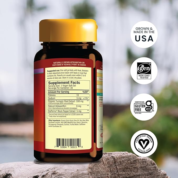 Nutrex Hawaii TurmericAstin – Turmeric & Hawaiian Astaxanthin Supplement with BioAstin & BioPerine Black Pepper, 30 Vegan Softgels