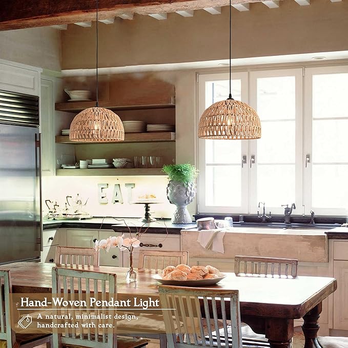 Hemp Rope Woven Pendant Light Woven Light Fixture Boho Chandelier Light Fixture Wicker Pendant Lights Rattan Lights Pendant Dome Wicker Chandelier for Dining Room Kitchen Island(Bulb Incl.