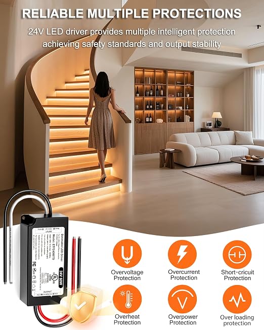 24V Dimmable LED Driver 60W, UL Listed DC 24V Triac ELV/MLV LED Dimmable Power Supply Compatible with Lutron & Leviton Switches 60 Watt LEDs Transformer 24 Volt for Strip Cabinets Light