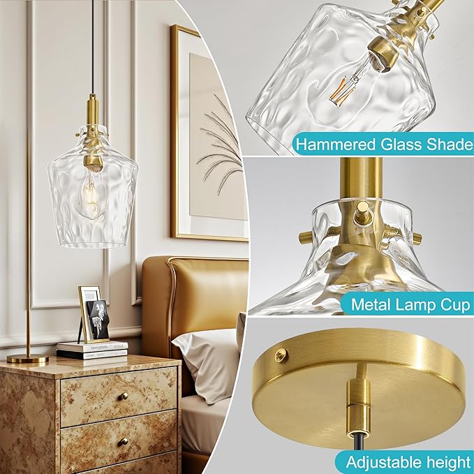 Modern Hammered Glass Pendant Lighting for Kitchen Island 1 Pack, Farmhouse Gold Pendant Light Fixtures, Height Adjustable Ceiling Pendant Light, 8 Inch