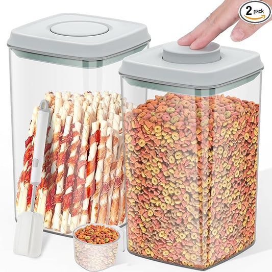 LEAWALK 4.2Qt 2Pack Airtight Dog Cat Food Storage Container and Dog Treat Containers BPA-Free, PET Clear Stackable Pet Storage Bin, 1 Cup Scoop, 1 Sponge cleaning brush, Pop Top, With handle (Grey)