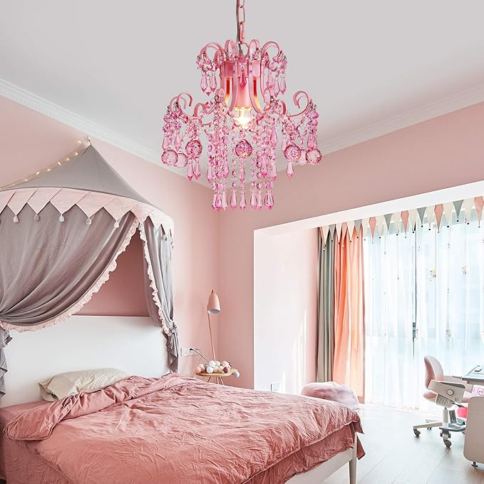 Q&S Mini Crystal Chandelier, Modern Pink Chandelier,Small Hanging Light Fixture for Princess Room Dressing Room Bathroom Clothing Store Salon W11.8 1 Light E26. UL Listed