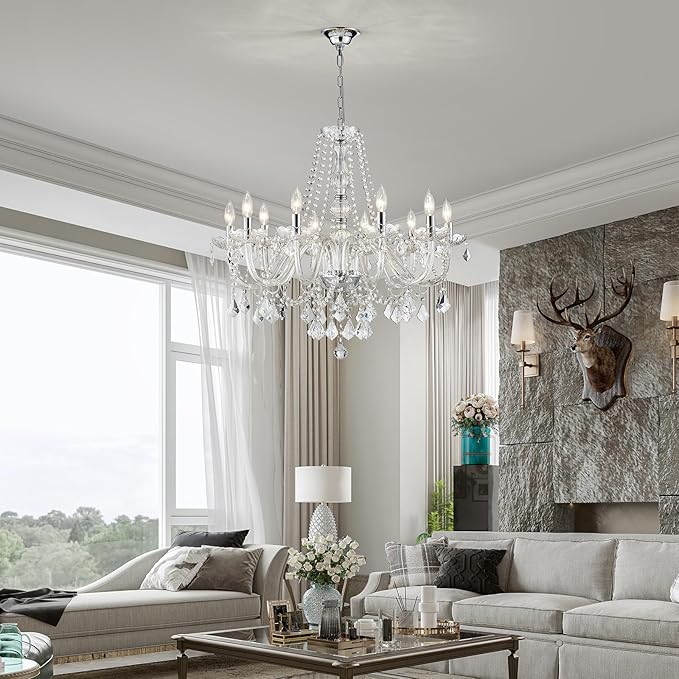 Large Crystal Chandelier, Modern Chrome Crystal Chandeliers for Dining Room Light Fixture, 10-Lights Large Pendant Light Fixtures Luxury Chandelier for Living Room Bedroom Foyer Entryway D26.8''