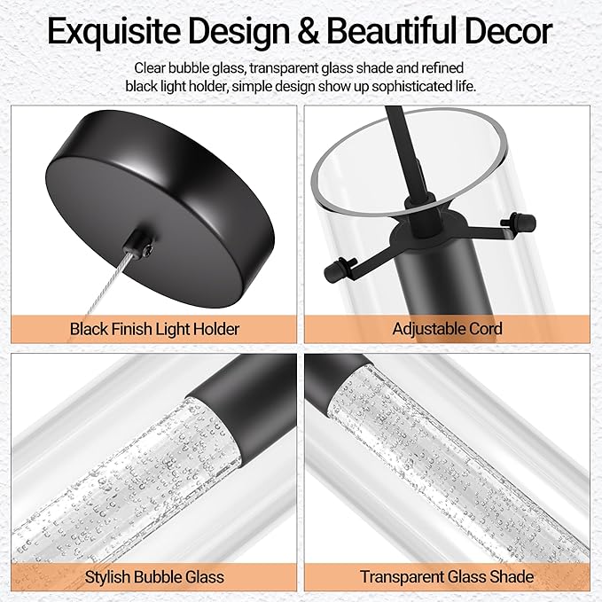 Pendant Ceiling Light Fixture, 6500K LED Kitchen Lighting Crystal Pendant Lights Kitchen Island Brushed Black, Glass Kitchen Hanging Light Fixture Modern Island Light with Crystal Bubble 3 Pack