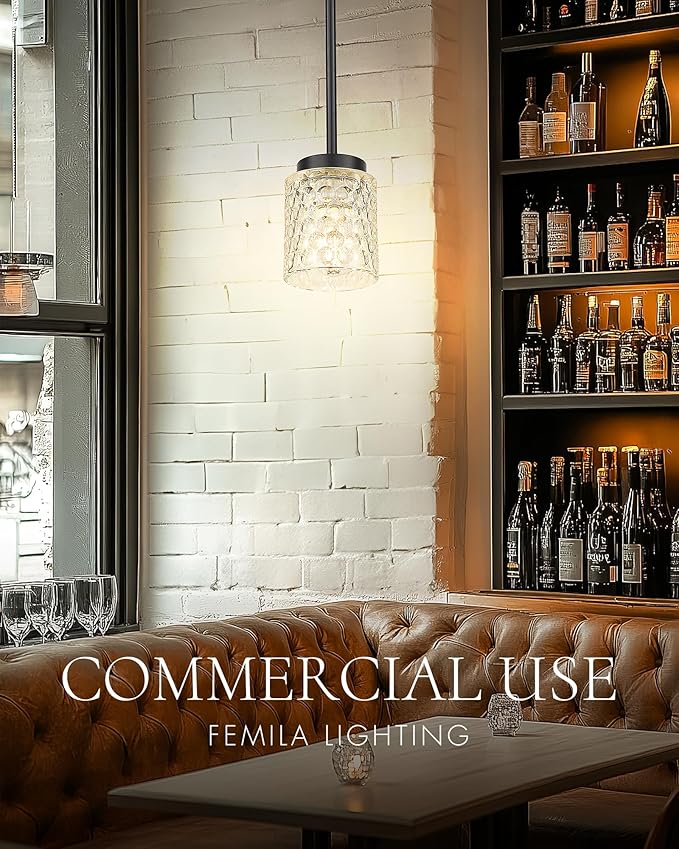 FEMILA 4" Black Pendant Light, Hammered Glass Chandelier, Dining Room Light Fixtures Over Table, 4FY86MIL-3PK BK