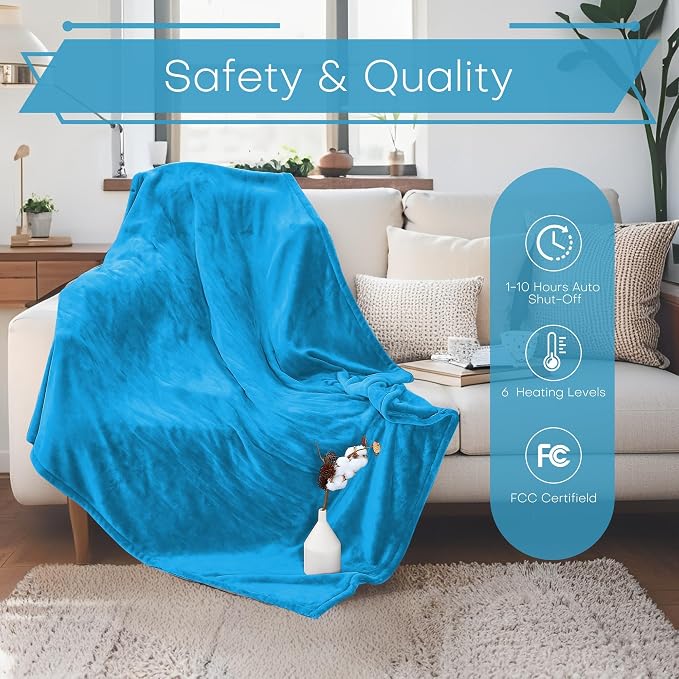 Electric Heated Blanket 62"x84" Twin Size, Dual-Sided Flannel & Sherpa, 6 Heat Settings & 1-10H Auto Off, Soft Warm for Home Office Bed Couch, Machine Washable, ETL Certified, Sea Breeze Blue