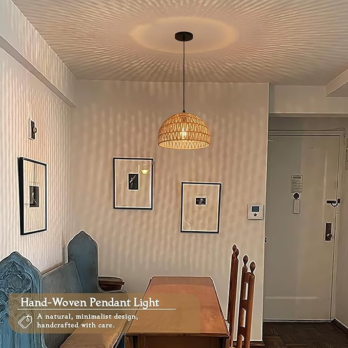2 Pack Hemp Rope Woven Pendant Light Woven Light Fixture Boho Chandelier Light Fixture Wicker Pendant Lights Rattan Dome Wicker Chandelier for Dining Room Kitchen Island (Bulb Incl.