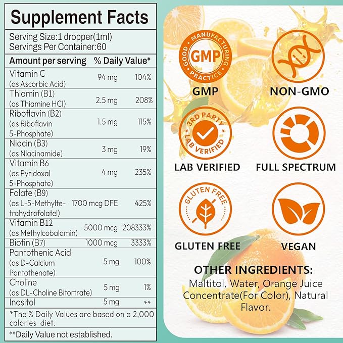 Suiyilary Vitamin B Complex Liquid Drops, B12 Methylcobalamin, B9 Folic, Vitamin C, Immune, Energy Metabolism, Brain & Heart Support, Orange Flavor, 60ml
