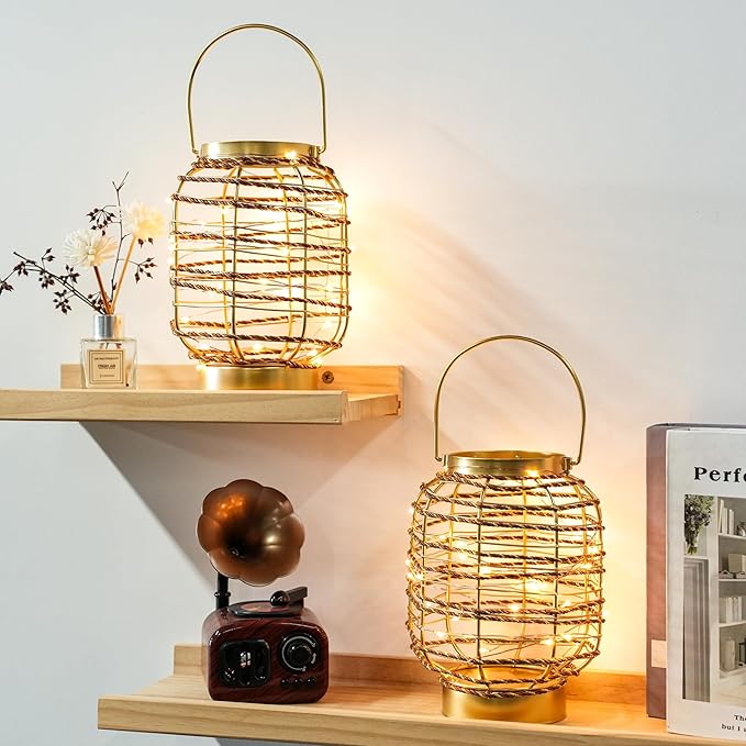 Set of 6 Battery Operated Table Lamp 7.7 "H Metal Cage LED Cordless Lamp with 6-Hour Timer, Vintage Decorative Fairy Lights Lantern for Indoor/Outdoor Bedrooms Weddings Parties Patio Events