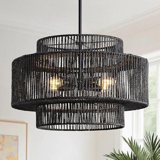 4-Light Black Boho Rattan Chandelier for Dining Room, 17.7” Hand Woven Pendant Light Fixture, Coastal Wicker Hanging Ceiling Light for Kitchen Island Living Room Bedroom Entryway Foyer