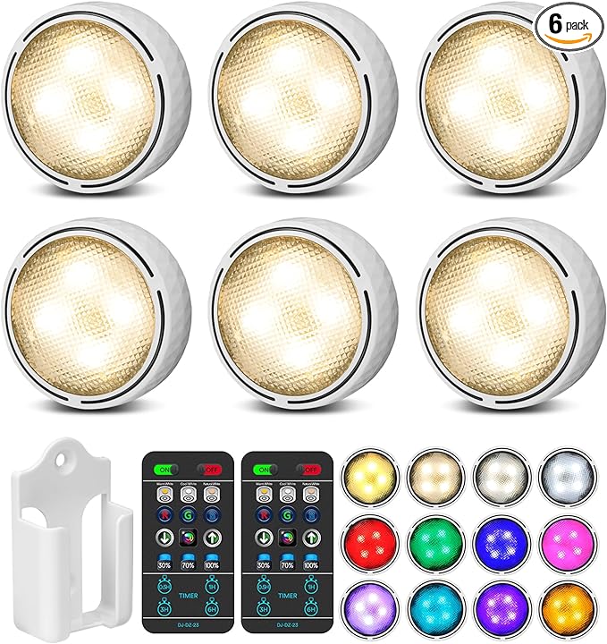 TECOMLIGHT Puck Lights with Remote Control, Battery Operated Wireless Under Cabinet Lighting, Stick on Tap Push Lights for Kitchen, Shelf, 6 Pack - White