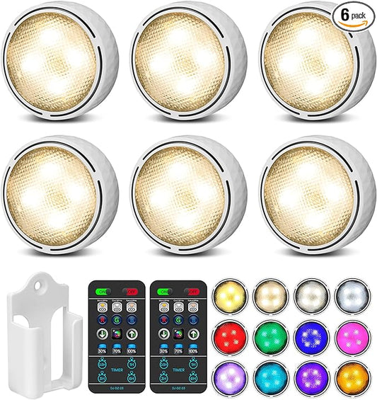 TECOMLIGHT Puck Lights with Remote Control, Battery Operated Wireless Under Cabinet Lighting, Stick on Tap Push Lights for Kitchen, Shelf, 6 Pack - White