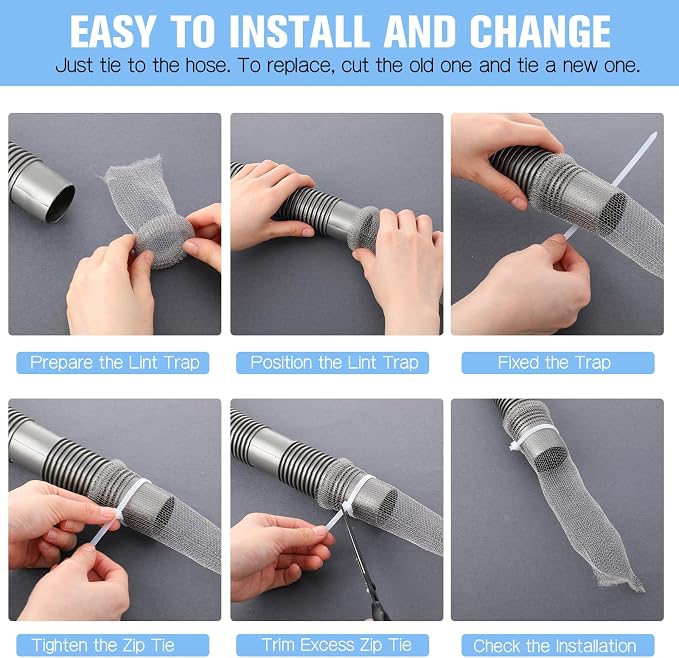 200 Pack Washing Machine Lint Traps for Washing Machine Hose Stainless Steel Lint Snare Traps Washer Lint Catcher Mesh Washing Machine Filter with Cable Ties for Washer Sink Drain Hose