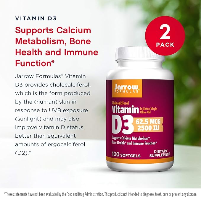 Jarrow Formulas Vitamin D3 2500 IU - 100 Softgels, Pack of 2 - Bone Health, Immune Function & Calcium Metabolism Support - 200 Total Servings