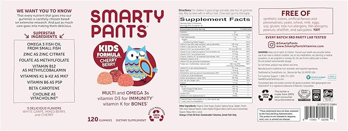 Gommes multivitaminées SmartyPants pour enfants : Huile de poisson Oméga 3 (EPA/DHA), Vitamine D3, C, Vitamine B12, B6, A, K et Zinc pour le soutien immunitaire, Biotine, Saveurs Raisin, Cerise et Baies, 120 unités (30 jours de provision)