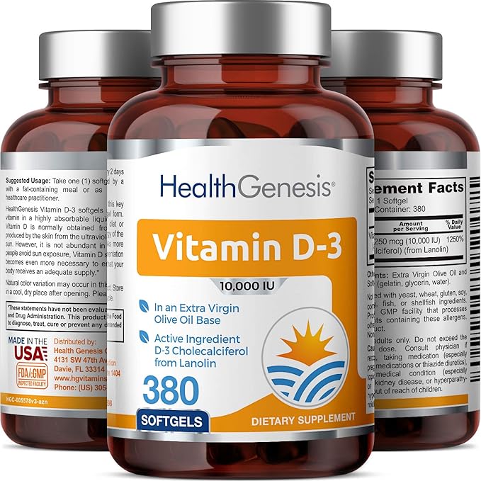 Vitamine D-3 10000 UI 380 Gélules Molles - Haute Puissance dans l'Huile d'Olive Extra Vierge Sans OGM Sans Soja Soutient des Os Solides la Santé Immunitaire