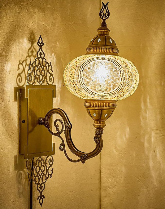 Turkish Moroccan Mosaic Plug-In Wall Sconce Lamp, Handmade Tiffany-Style Glass Globe, Ornate Brass Base, 5.2-ft Cord, Decorative Lighting for Living Room, Bedroom, Dining Room, Kitchen, 15x5 In, Gold