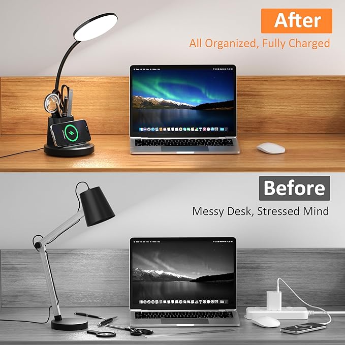 Desk Lamp with Wireless Charger, LED Desk Lamps for Home Office with Pen Holder, Dimmable Eye-Caring Study Desk Light Flexible Arm 3 Color Modes for College Dorm, 800 Lumens CRI 90