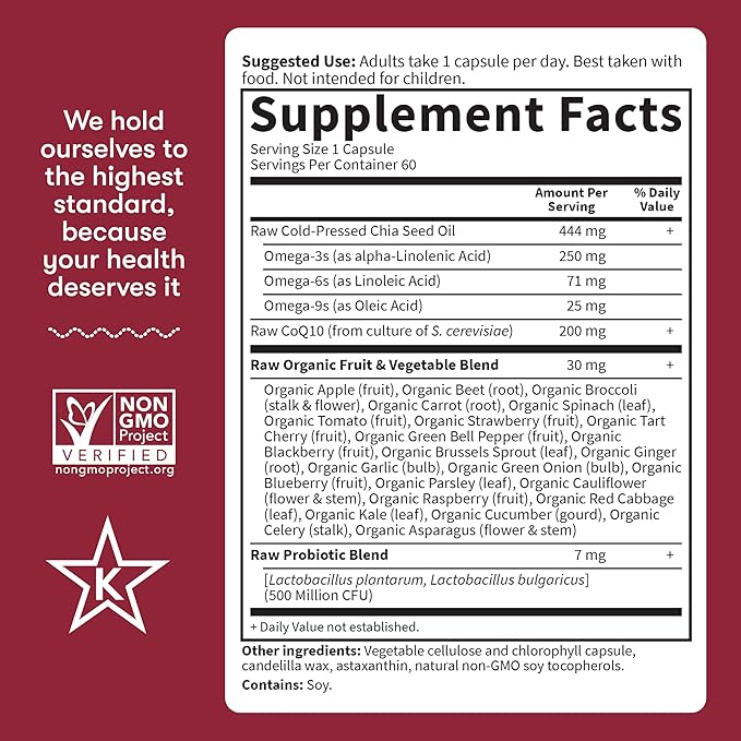 Garden of Life CoQ10 200mg, Vegetarian Omega 3 6 9 Supplement Raw Co Q 10 Chia Seed Oil,Whole Food Nutrition with Antioxidant Support, Coenzyme q10 Supplement for Heart Health, 60 Capsules (Pack of 6)