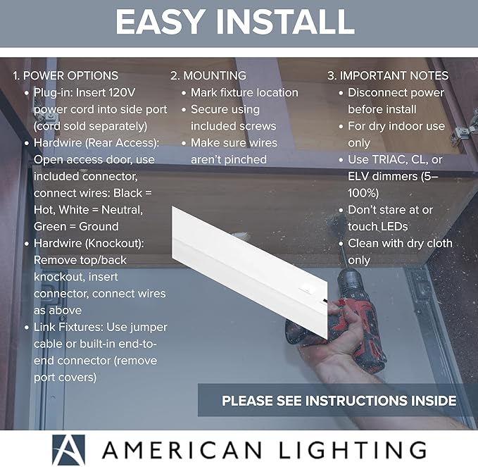 American Lighting LED Courant Plus Undercabinet Light 24 Inch 5CCT 90+ CRI 1200 Lumens with USB-A USB-C and 20A Receptacles White Finish Title 24 Compliant