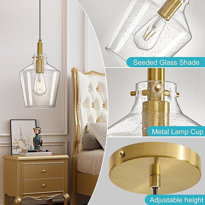 Modern Seeded Glass Pendant Lighting for Kitchen Island 1 Pack, Farmhouse Gold Pendant Light Fixtures, Height Adjustable Ceiling Pendant Light, Angled Seeded Glass Shades 8 Inch