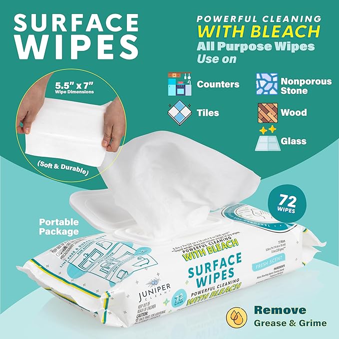 Lot de 6 lingettes nettoyantes de surface avec eau de Javel, nettoyant tout usage pour salle de bain, cuisine, bureau, 72 lingettes douces, parfum frais, non pelucheuses et durables