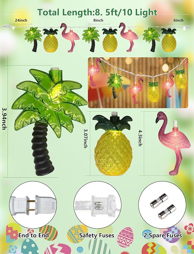 8.5FT Hawaiian Tropical String Lights 10LED Plug in Fairy Lights – Flamingo Pineapple Palm Tree, Waterproof Connectable Outdoor Lights for Luau Party Beach Pool Patio Indoor Summer Decor, UL Listed